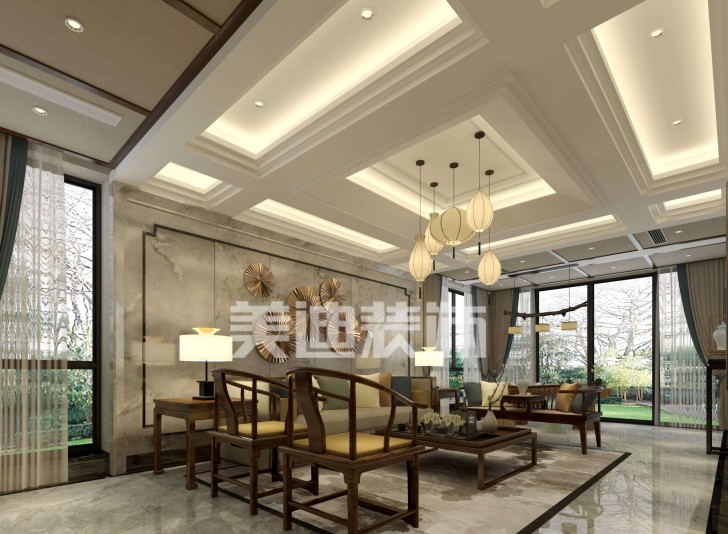 湘麓國(guó)際別墅新中式裝修效果圖-客廳