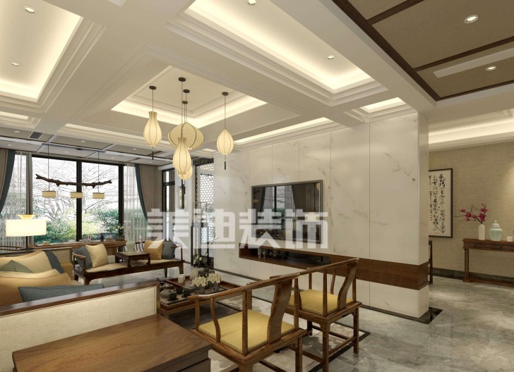 湘麓國(guó)際別墅新中式裝修效果圖-客廳