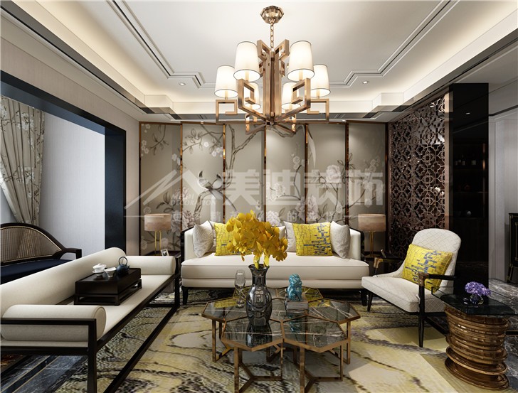 晟通牡丹舸144平新中式風(fēng)裝修案例圖—客廳