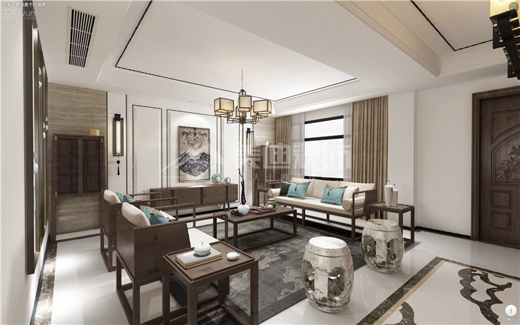 北辰中央公園132平新中式風(fēng)裝修案例圖—客廳