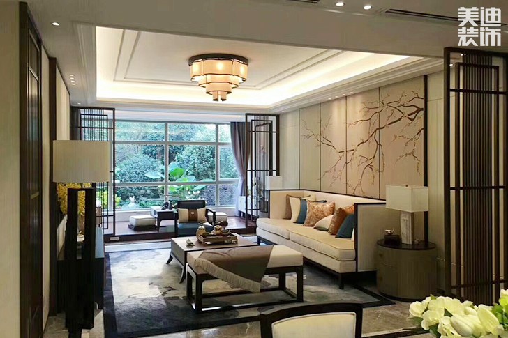 梓湖觀邸120㎡新中式裝修效果圖-客廳