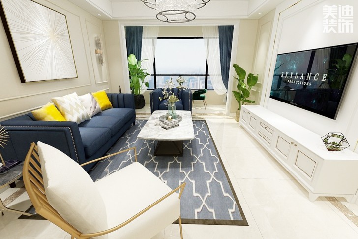 潤和長郡120平米美式風(fēng)格案例效果圖--客廳