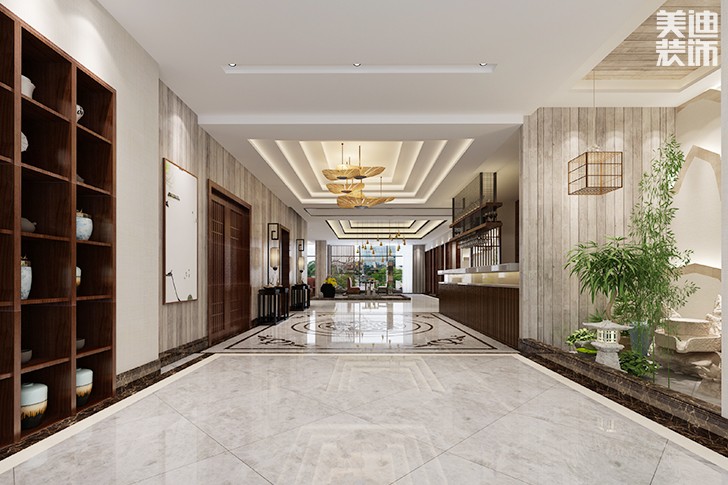 西維咖啡慕茗緣店1800平米新中式風(fēng)格效果圖--進門吧臺區(qū)大廳