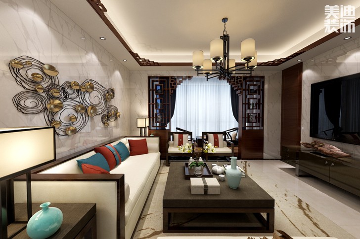 金地自在城120平米新中式風格裝修效果圖--客廳