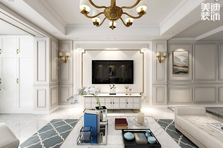 天祥水晶灣160平米輕奢美式風(fēng)格裝修效果圖--客廳