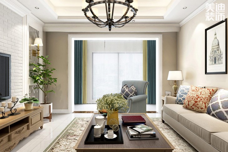 金茂梅溪湖107平米歐式風(fēng)格裝修效果圖--客廳