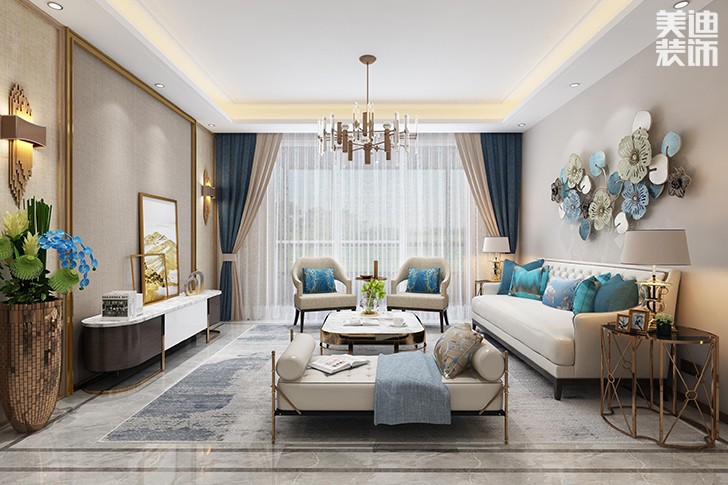 新華聯(lián)夢(mèng)想城109平港式輕奢風(fēng)裝修案例效果圖--客廳