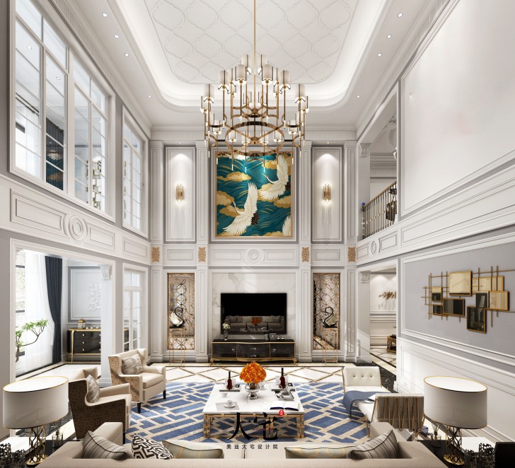 中糧北緯28度1180平米輕奢法式風(fēng)格裝修案例效果圖--客廳