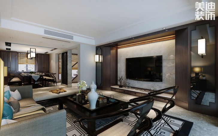 蘭僑公館320平米新中式風(fēng)格裝修案例效果圖--客廳