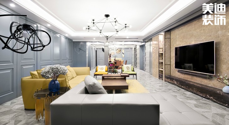 北辰定江洋260㎡現(xiàn)代混搭風(fēng)格裝修案例實(shí)拍圖-客廳