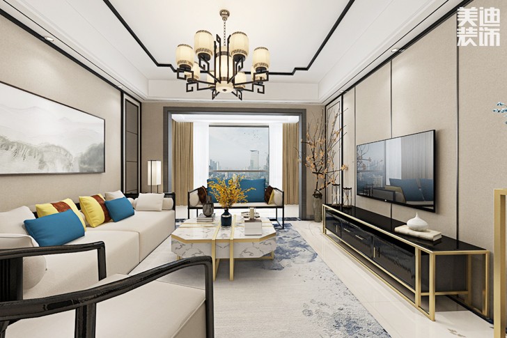 恒大御景天下130平米新中式風(fēng)格裝修案例效果圖--客廳