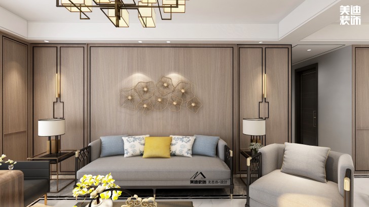 建發(fā)央璽180平米新中式風(fēng)格裝修案例效果圖--客廳