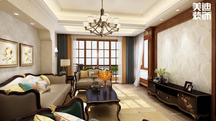 明昇壹城128平方米美式風(fēng)格案例效果圖--客廳