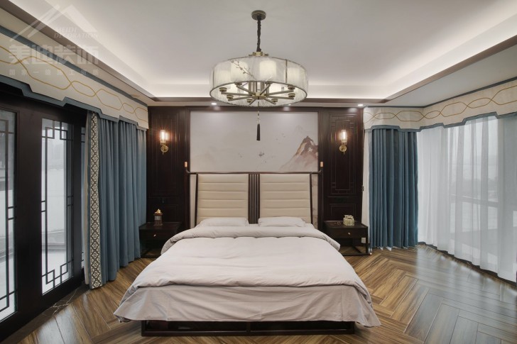 北辰定江洋285平米新中式風(fēng)裝修案例實(shí)拍圖-臥室