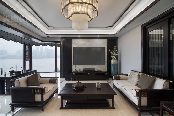 北辰定江洋285平米新中式風(fēng)裝修案例實(shí)拍圖-客廳