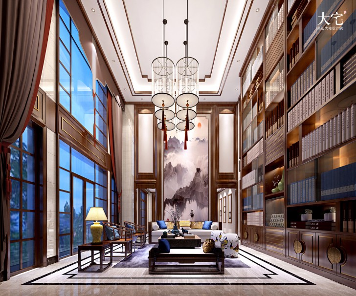 青竹湖聞鶯苑800平方米新中式風(fēng)格案例效果圖-客廳