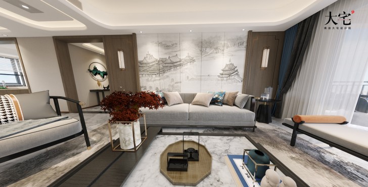 湘江壹號(hào)245平方米新中式風(fēng)格案例效果圖-客廳