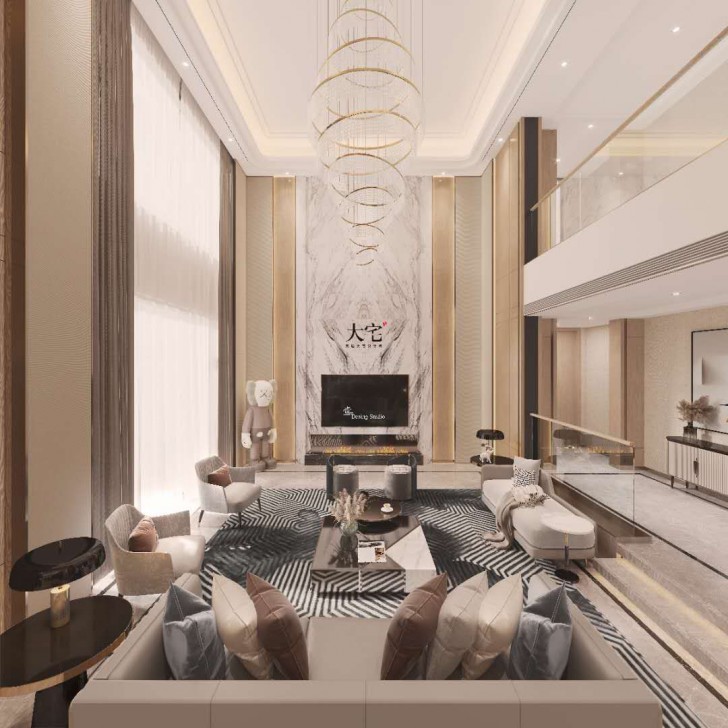 龍湖湘風原著1248平方米現(xiàn)代輕奢風格案例效果圖-客廳