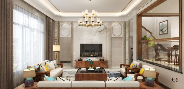 盧浮原著580平方米新中式風格案例效果圖-客廳