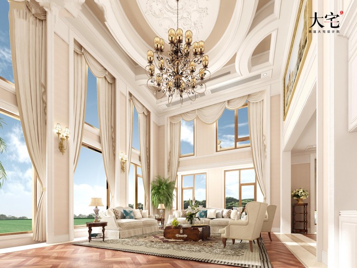 昆侖和府1300平方米美式風(fēng)格案例效果圖-客廳