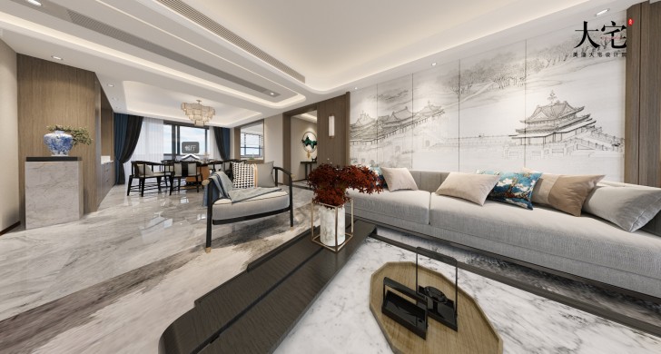 湘江壹號(hào)245平方米新中式風(fēng)格案例效果圖-客廳