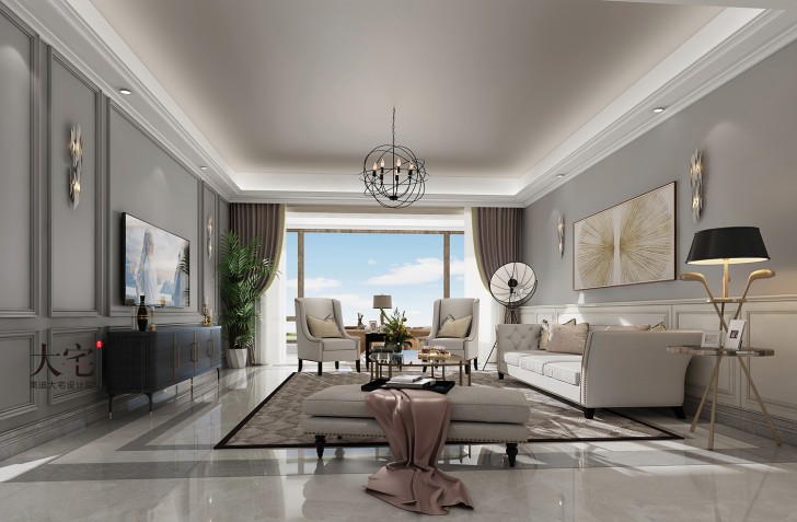 湘江壹號220平方米簡美風(fēng)格案例效果圖-客廳