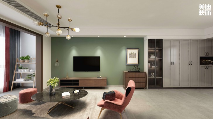 時代港灣89㎡復(fù)古風(fēng)格案例效果圖-客廳