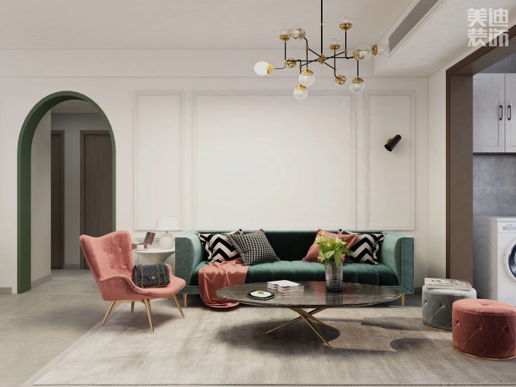 時代港灣89㎡復(fù)古風(fēng)格案例效果圖-客廳