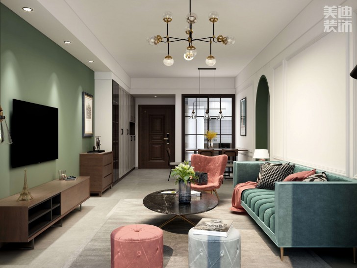 時代港灣89㎡復(fù)古風(fēng)格案例效果圖-客廳