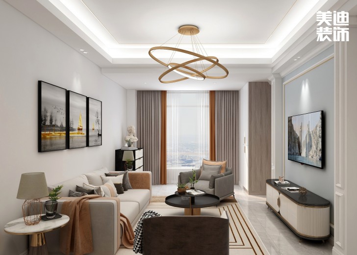 五礦萬境水岸95㎡北歐輕奢風(fēng)格案例效果圖—客廳