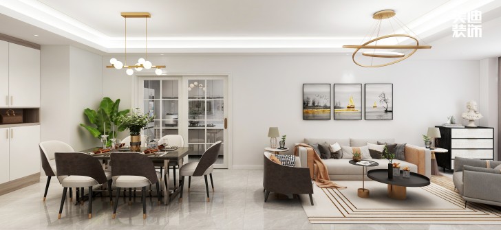 五礦萬境水岸95㎡北歐輕奢風(fēng)格案例效果圖—客廳