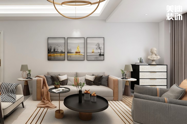 五礦萬境水岸95㎡北歐輕奢風(fēng)格案例效果圖—客廳