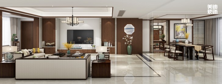 龍橋御園400㎡簡中風(fēng)格案例效果圖—客廳