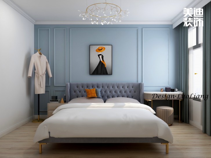 長房半島藍灣100㎡法式輕奢風(fēng)裝修案例效果圖-臥室