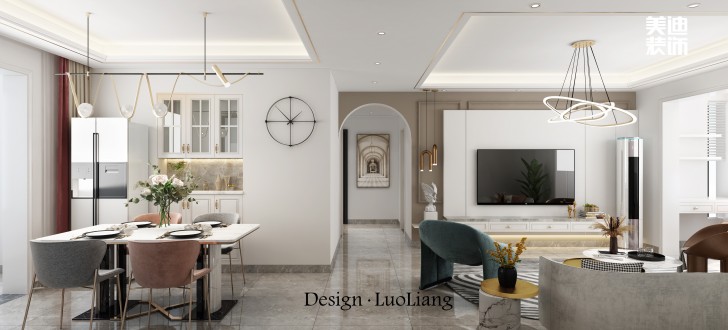 長房半島藍灣100㎡法式輕奢風(fēng)裝修案例效果圖-客廳