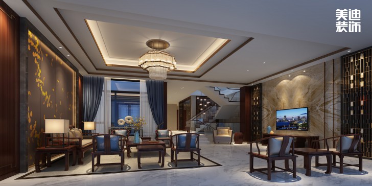 華發(fā)世紀城430㎡新中式風裝修案例效果圖-客廳