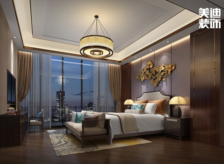 華發(fā)世紀城430㎡新中式風裝修案例效果圖-臥室