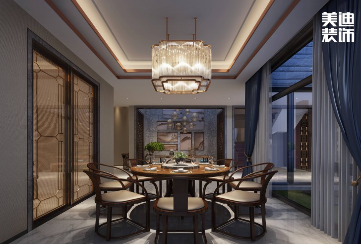 華發(fā)世紀城430㎡新中式風裝修案例效果圖-餐廳
