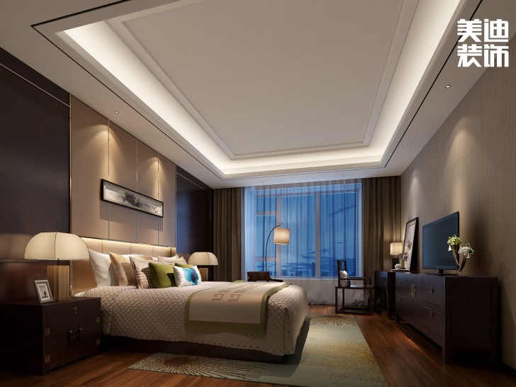 華發(fā)世紀城430㎡新中式風裝修案例效果圖-臥室
